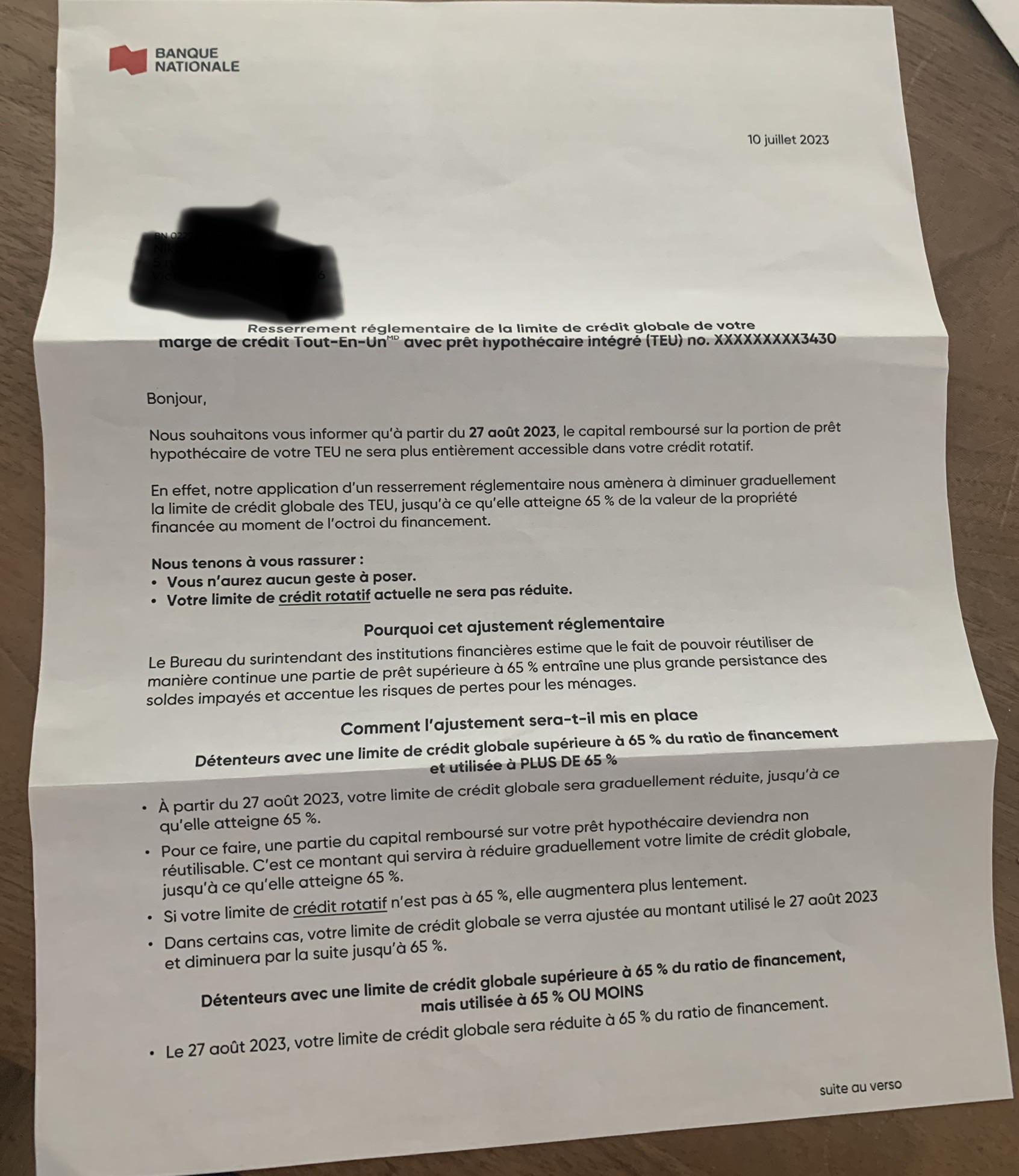 Resserrement limite crédit globale marge de crédit/prêt ...